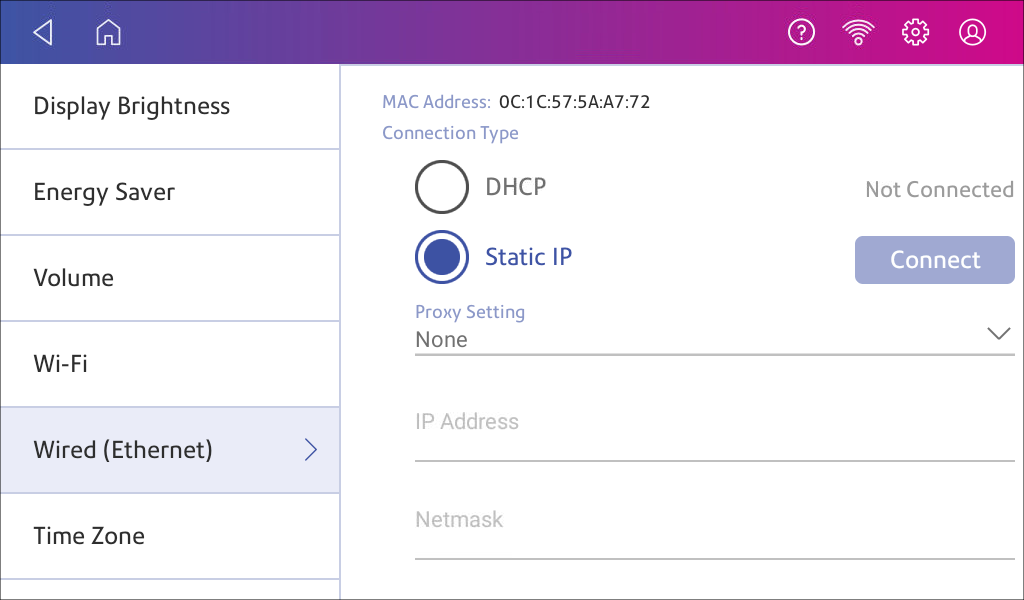 Wired connection static IP