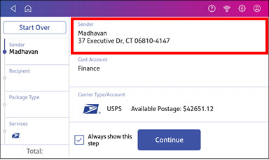 Shipping label sender address screen