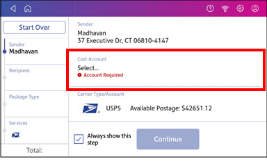 Shipping label cost account selection