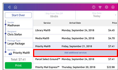 Shipping label additional services selection