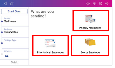 Shipping label package type selection