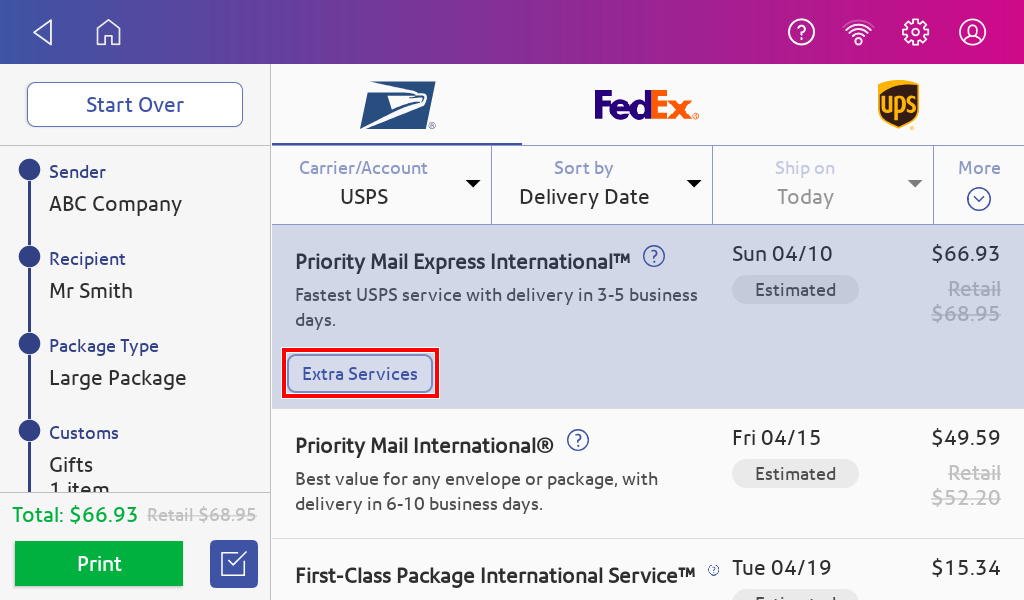 Shipping label extra services selection