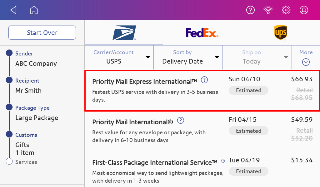 Shipping label service selection