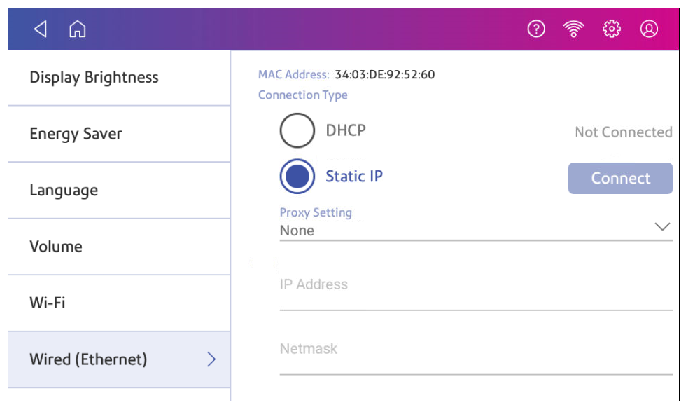 Wired connection static IP