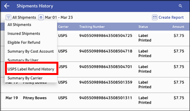 SendPro C USPS shipping label refund list screen